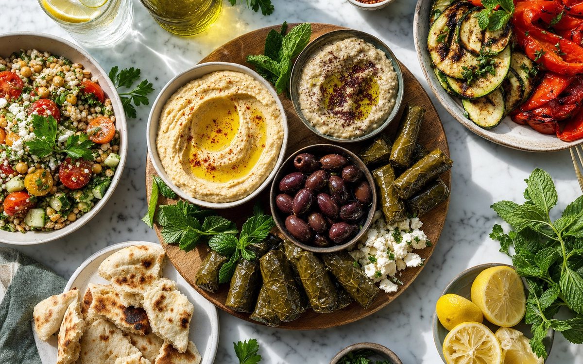 Colorful Mediterranean spread of fresh healthy food