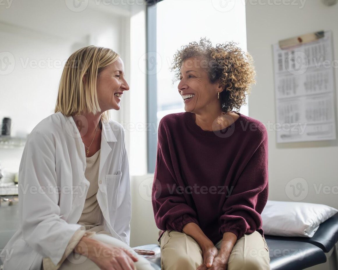 A cheerful doctor consulting a smiling patient in a modern clinic